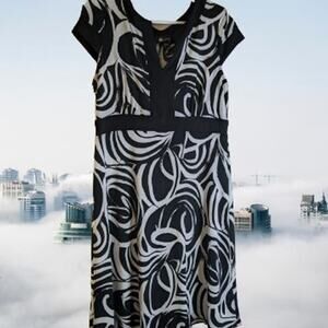 AStudio Large cap sleeves black and white polyester blend stretch sheath dress